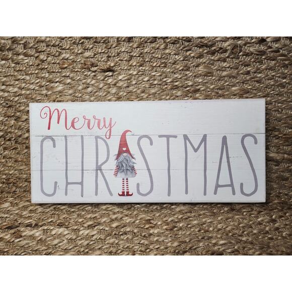 Merry Christmas Wooden Gnome Sign Wall Shelf Holiday Decor White Sixtrees - Picture 1 of 7